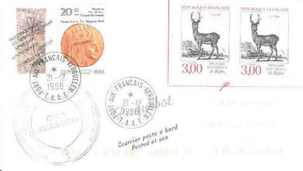 Russisches Schiff, Frankatur Frankreich (und UdSSR) = Französische Frankatur ungültig (Frankatur wird nicht gestempelt, sondern eingekreist) , selbst wenn TAAF zu Frankreich gehört, die russische Frankatur = Paquebot jj-fischereikerguelen